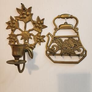 Vintage Brass Wall Candle Holder & Teapot Key Hook Set Made in Taiwan